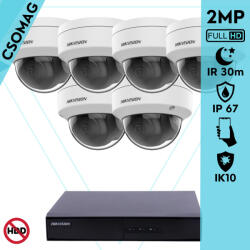 Hikvision 6 dome kamerás IP megfigyelőrendszer 2MP HD dome biztonsági kamera, 2.8 mm-es fix objektívvel, PoE, P2P, kültéri, fém ház, vandálbiztos (DS7108NIQ18PM-DS2CD1121I28MMF-DOME-6)