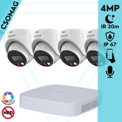 Dahua 4 turret kamerás IP megfigyelőrendszer 4MP HD turret biztonsági kamera, 2.8 mm-es fix objektívvel, PoE, beépített mikrofonnal, színes éjszakai kép, kültéri (NVR2104PS3-DHIPCHDW1439VPAIL0280B-TURRET-4)