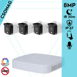 Dahua 4 cső kamerás IP megfigyelőrendszer 8MP cső biztonsági kamera, 2.8 mm-es fix objektívvel, PoE, beépített mikrofonnal, hibrid megvilágítással, fém ház, kültéri (NVR2104PS3-IPCHFW1839TCPAIL0280BS6-KOMPA