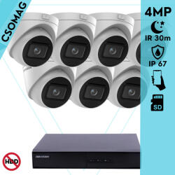 Hikvision 7 turret kamerás IP megfigyelőrendszer 4MP turret biztonsági kamera, 2.8 - 12 mm varifokális objektív, hang I/O, riasztás I/O, Valós WDR, microSD, PoE, P2P, IR LED 30m, fém ház, kültéri (DS7108NIQ18PM