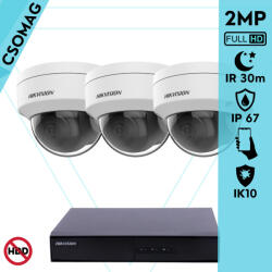 Hikvision 3 dome kamerás IP megfigyelőrendszer 2MP HD dome biztonsági kamera, 2.8 mm-es fix objektívvel, PoE, P2P, kültéri, fém ház, vandálbiztos (DS7104NIQ14PM-DS2CD1121I28MMF-DOME-3)