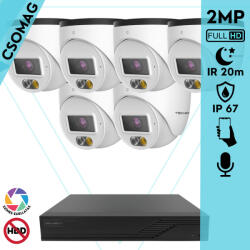 Techson 6 turret kamerás IP megfigyelőrendszer 2MP HD turret biztonsági kamera, 2.8 mm-es fix objektívvel, PoE, beépített mikrofonnal, hibrid fényű megvilágítás, kültéri, fém ház (TCRI12S08PNS-TCIEL2E002WIA28