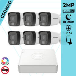 Hikvision 6 cső kamerás analóg megfigyelőrendszer 2MP biztonsági kamera, IR megvilágítás 20 m, fehér fény 20 m, kültéri (DS7108HGHIM1T-DS2CE16D0TEXLF28MM-KOMPAKT-6)