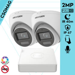 Hikvision 2 turret kamerás analóg megfigyelőrendszer 2MP biztonsági kamera, IR megvilágítás 40 m, fehér fény 20 m, beépített mikrofon, kültéri (DS7104HGHIM1T-DS2CE78D0TLFS28MM-TURRET-2)