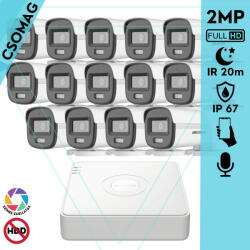 Hikvision 14 cső kamerás analóg megfigyelőrendszer 2MP biztonsági kamera, ColorVu Dual-light látható fény 20m, beépített mikrofonnal, kültéri (DS7116HGHIM1T-DS2CE10DF0TLFS28MM-KOMPAKT-14)