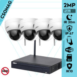 Dahua 4 dóm kamerás WIFI megfigyelőrendszer 2MP dóm biztonsági kamera, 2.8 mm-es fix objektívvel, beépített WiFi antennával, microSD kártyafoglalat, IR LED 30m, IK10 vandálbiztos, kültéri (NVR1104HSWS2CE-IP