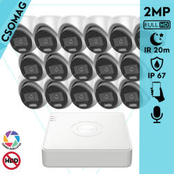 Hikvision 16 turret kamerás analóg megfigyelőrendszer 2MP biztonsági kamera, ColorVu Dual-light látható fény 20m, beépített mikrofonnal, kültéri (DS7116HGHIM1T-DS2CE70DF0TLMFS28MM-TURRET-16)