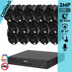 Dahua 16 dome kamerás analóg megfigyelőrendszer 2MP HD dóm biztonsági kamera, 2, 8 mm fix objektív, hibrid fény, beépített mikrofon (XVR5116HSI3-HACHDW1200TLMILA0280BS6BLACK-DOME-16)