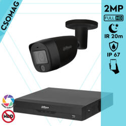 Dahua 1 cső kamerás analóg megfigyelőrendszer 2MP HD cső biztonsági kamera, 2.8 mm fix objektív, hibrid fény (XVR5104HSI3-HACHFW1200CMILA0280BS6BLACK-KOMPAKT-1)