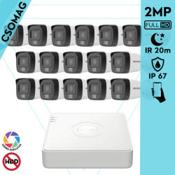 Hikvision 16 cső kamerás analóg megfigyelőrendszer 2MP biztonsági kamera, IR megvilágítás 20 m, fehér fény 20 m, kültéri (DS7116HGHIM1T-DS2CE16D0TEXLF28MM-KOMPAKT-16)