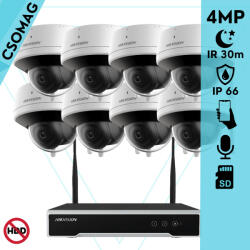 Hikvision 8 dóm kamerás WIFI megfigyelőrendszer 4MP dóm biztonsági kamera, 4.0 mm-es fix objektívvel, beépített WiFi antennával és mikrofonnal, microSD kártyafoglalat, infravörös éjjellátó, IR 30m, kültéri (DS7