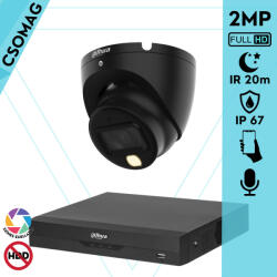 Dahua 1 dome kamerás analóg megfigyelőrendszer 2MP HD dóm biztonsági kamera, 2.8 mm fix objektív, hibrid fény, beépített mikrofon (XVR5104HSI3-HACHDW1200TLMILA0280BS6BLACK-DOME-1)