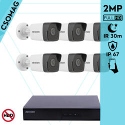 Hikvision 6 cső kamerás IP megfigyelőrendszer 2MP HD cső biztonsági kamera, 2.8 mm-es fix objektívvel, PoE, beépített mikrofonnal, IR LED 30m, kültéri, fém ház (DS7108NIQ18PM-DS2CD1021I28F-KOMPAKT-6)