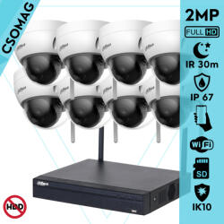 Dahua 8 dóm kamerás WIFI megfigyelőrendszer 2MP dóm biztonsági kamera, 2.8 mm-es fix objektívvel, beépített WiFi antennával, microSD kártyafoglalat, IR LED 30m, IK10 vandálbiztos, kültéri (NVR1108HSWS2CE-IP