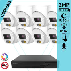 Techson 8 turret kamerás IP megfigyelőrendszer 2MP turret biztonsági kamera, 2.8 mm-es fix objektív, PoE, beépített mikrofonnal, hibrid világítással 20m-ig, kültéri (TCRI12S08PNS-TCIEL2E002WIA28P-TURRET-8)