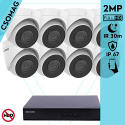 Hikvision 8 turret kamerás IP megfigyelőrendszer 2MP HD turret biztonsági kamera, 2.8 mm-es fix objektívvel, PoE, beépített mikrofonnal, IR LED 30m, kültéri, fém ház (DS7108NIQ18PM-DS2CD1321I28MMF-TURRET-8)