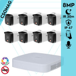Dahua 8 cső kamerás IP megfigyelőrendszer 8MP cső biztonsági kamera, 2.8 mm-es fix objektívvel, PoE, beépített mikrofonnal, hibrid megvilágítással, fém ház, kültéri (NVR21088PS3-IPCHFW1839TCPAIL0280BS6-KOMP