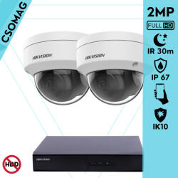 Hikvision 2 dome kamerás IP megfigyelőrendszer 2MP HD dome biztonsági kamera, 2.8 mm-es fix objektívvel, PoE, P2P, kültéri, fém ház, vandálbiztos (DS7104NIQ14PM-DS2CD1121I28MMF-DOME-2)