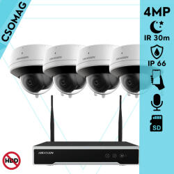 Hikvision 4 dóm kamerás WIFI megfigyelőrendszer 4MP dóm biztonsági kamera, 4.0 mm-es fix objektívvel, beépített WiFi antennával és mikrofonnal, microSD kártyafoglalat, infravörös éjjellátó, IR 30m, kültéri (DS7