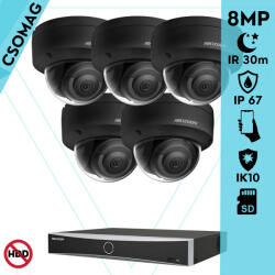 Hikvision 5 dome kamerás IP megfigyelőrendszer 8MP dome biztonsági kamera, AcuSense, 2.8 mm-es fix objektívvel, PoE, P2P, IR LED 30m, fekete fém ház, kültéri, IK10 vandálbiztos (DS7608NXIK18PD-DS2CD2183G2IS28MM