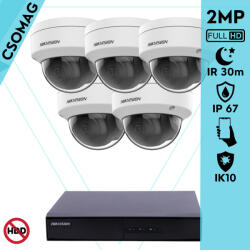 Hikvision 5 dome kamerás IP megfigyelőrendszer 2MP HD dome biztonsági kamera, 2.8 mm-es fix objektívvel, PoE, P2P, kültéri, fém ház, vandálbiztos (DS7108NIQ18PM-DS2CD1121I28MMF-DOME-5)