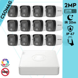 Hikvision 12 cső kamerás analóg megfigyelőrendszer 2MP biztonsági kamera, IR megvilágítás 20 m, fehér fény 20 m, kültéri (DS7116HGHIM1T-DS2CE16D0TEXLF28MM-KOMPAKT-12)