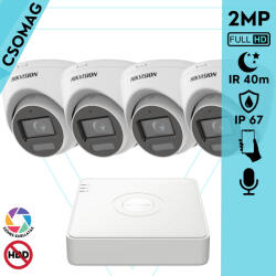 Hikvision 4 turret kamerás analóg megfigyelőrendszer 2MP biztonsági kamera, IR megvilágítás 40 m, fehér fény 20 m, beépített mikrofon, kültéri (DS7104HGHIM1T-DS2CE78D0TLFS28MM-TURRET-4)