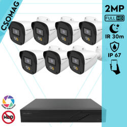 Techson 7 cső kamerás IP megfigyelőrendszer 2MP HD cső biztonsági kamera, 2.8 mm-es fix objektívvel, PoE, hibrid fényű megvilágítás, kültéri, fém ház (TCRI12S08PNS-TCIEL2C902WIA28-KOMPAKT-7)