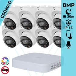 Dahua 8 turret kamerás IP megfigyelőrendszer 8MP turret biztonsági kamera, 2.8 mm-es fix objektívvel, PoE, beépített mikrofonnal, hibrid megvilágítással, fém ház, kültéri (NVR21088PS3-IPCHDW1839TPAIL0280BS6