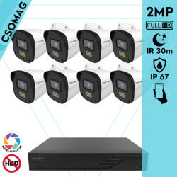 Techson 8 cső kamerás IP megfigyelőrendszer 2MP HD cső biztonsági kamera, 2.8 mm-es fix objektívvel, PoE, beépített mikrofonnal, hibrid fényű megvilágítás, kültéri, fém ház (TCRI12S08PNS-TCIEL2C902WIA28-KOMPA