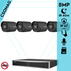 Hikvision 4 cső kamerás IP megfigyelőrendszer 8MP cső biztonsági kamera, AcuSense, 2.8 mm-es fix objektívvel, PoE, IR LED 40m, beépített mikrofonnal, fekete fém ház, kültéri (DS7604NXIK14PD-DS2CD2086G2IU28MMCB-