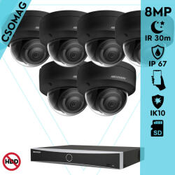 Hikvision 6 dome kamerás IP megfigyelőrendszer 8MP dome biztonsági kamera, AcuSense, 2.8 mm-es fix objektívvel, PoE, P2P, IR LED 30m, fekete fém ház, kültéri, IK10 vandálbiztos (DS7608NXIK18PD-DS2CD2183G2IS28MM