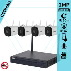 Dahua 4 cső kamerás WIFI megfigyelőrendszer 2MP cső biztonsági kamera, 2.8 mm-es fix objektívvel, beépített WiFi antennával és mikrofonnal, microSD kártyafoglalat, infravörös éjjellátó, IR 30m, kültéri (NVR