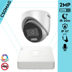 Hikvision 1 turret kamerás analóg megfigyelőrendszer 2MP biztonsági kamera, ColorVu Dual-light látható fény 20m, beépített mikrofonnal, kültéri (DS7104HGHIM1T-DS2CE70DF0TLMFS28MM-TURRET-1)