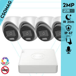 Hikvision 4 turret kamerás analóg megfigyelőrendszer 2MP biztonsági kamera, ColorVu Dual-light látható fény 20m, beépített mikrofonnal, kültéri (DS7104HGHIM1T-DS2CE70DF0TLMFS28MM-TURRET-4)