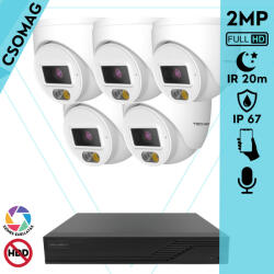 Techson 5 turret kamerás IP megfigyelőrendszer 2MP turret biztonsági kamera, 2.8 mm-es fix objektív, PoE, beépített mikrofonnal, hibrid világítással 20m-ig, kültéri (TCRI12S08PNS-TCIEL2E002WIA28P-TURRET-5)