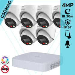 Dahua 6 turret kamerás IP megfigyelőrendszer 4MP HD turret biztonsági kamera, 2.8 mm-es fix objektívvel, PoE, beépített mikrofonnal, színes éjszakai kép, kültéri (NVR21088PS3-DHIPCHDW1439VPAIL0280B-TURRET-6