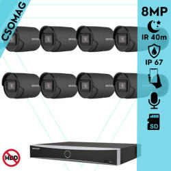 Hikvision 8 cső kamerás IP megfigyelőrendszer 8MP cső biztonsági kamera, AcuSense, 2.8 mm-es fix objektívvel, PoE, IR LED 40m, beépített mikrofonnal, fekete fém ház, kültéri (DS7608NXIK18PD-DS2CD2086G2IU28MMCB-