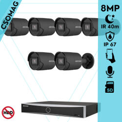 Hikvision 6 cső kamerás IP megfigyelőrendszer 8MP cső biztonsági kamera, AcuSense, 2.8 mm-es fix objektívvel, PoE, IR LED 40m, beépített mikrofonnal, fekete fém ház, kültéri (DS7608NXIK18PD-DS2CD2086G2IU28MMCB-