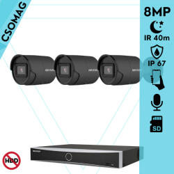 Hikvision 3 cső kamerás IP megfigyelőrendszer 8MP cső biztonsági kamera, AcuSense, 2.8 mm-es fix objektívvel, PoE, IR LED 40m, beépített mikrofonnal, fekete fém ház, kültéri (DS7604NXIK14PD-DS2CD2086G2IU28MMCB-