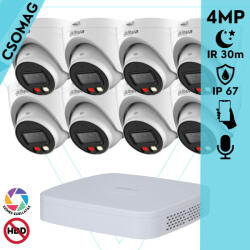 Dahua 8 turret kamerás IP megfigyelőrendszer 4MP HD turret biztonsági kamera, 2.8 mm-es fix objektívvel, PoE, beépített mikrofonnal, színes éjszakai kép, kültéri (NVR21088PS3-DHIPCHDW1439VPAIL0280B-TURRET-8