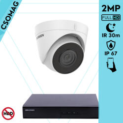 Hikvision 1 turret kamerás IP megfigyelőrendszer 2MP HD turret biztonsági kamera, 2.8 mm-es fix objektívvel, PoE, beépített mikrofonnal, IR LED 30m, kültéri, fém ház (DS7104NIQ14PM-DS2CD1321I28MMF-TURRET-1)