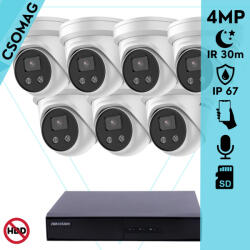 Hikvision 7 turret kamerás IP megfigyelőrendszer 4MP turret biztonsági kamera, 2.8 mm-es fix objektívvel, beépített mikrofon, microSD, valós WDR, PoE, P2P, IR LED 30m, fém ház, kültéri (DS7108NIQ18PM-DS2CD2346G