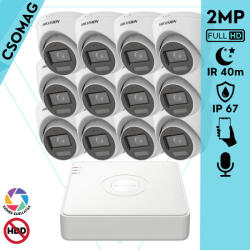 Hikvision 12 turret kamerás analóg megfigyelőrendszer 2MP biztonsági kamera, IR megvilágítás 40 m, fehér fény 20 m, beépített mikrofon, kültéri (DS7116HGHIM1T-DS2CE78D0TLFS28MM-TURRET-12)