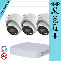 Dahua 3 turret kamerás IP megfigyelőrendszer 4MP HD turret biztonsági kamera, 2.8 mm-es fix objektívvel, PoE, beépített mikrofonnal, színes éjszakai kép, kültéri (NVR2104PS3-DHIPCHDW1439VPAIL0280B-TURRET-3)