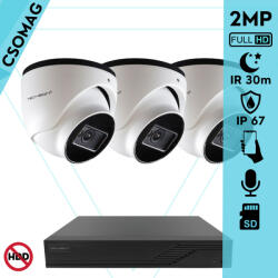 Techson 3 turret kamerás IP megfigyelőrendszer 2MP turret biztonsági kamera, 2.8 mm-es fix objektívvel, PoE, SD kártya foglalattal, beépített mikrofonnal, IR LED 30m, kültéri, fém ház (TCRI12S04PNS-TCIEA5E002