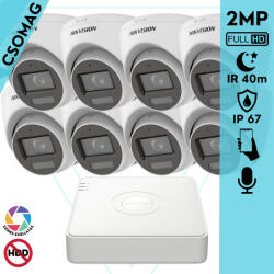 Hikvision 8 turret kamerás analóg megfigyelőrendszer 2MP biztonsági kamera, IR megvilágítás 40 m, fehér fény 20 m, beépített mikrofon, kültéri (DS7108HGHIM1T-DS2CE78D0TLFS28MM-TURRET-8)