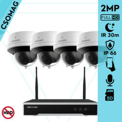 Hikvision 4 dóm kamerás WIFI megfigyelőrendszer 2MP dóm biztonsági kamera, 4.0 mm-es fix objektívvel, beépített WiFi antennával és mikrofonnal, microSD kártyafoglalat, infravörös éjjellátó, IR 30m, kültéri (DS7