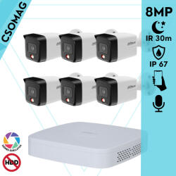 Dahua 6 cső kamerás IP megfigyelőrendszer 8MP cső biztonsági kamera, 2.8 mm-es fix objektívvel, PoE, beépített mikrofonnal, hibrid megvilágítással, fém ház, kültéri (NVR21088PS3-IPCHFW1839TCPAIL0280BS6-KOMP