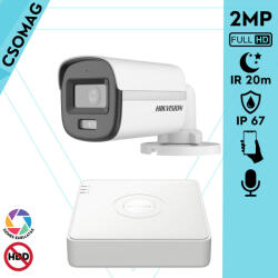 Hikvision 1 cső kamerás analóg megfigyelőrendszer 2MP biztonsági kamera, ColorVu Dual-light látható fény 20m, beépített mikrofonnal, kültéri (DS7104HGHIM1T-DS2CE10DF0TLFS28MM-KOMPAKT-1)